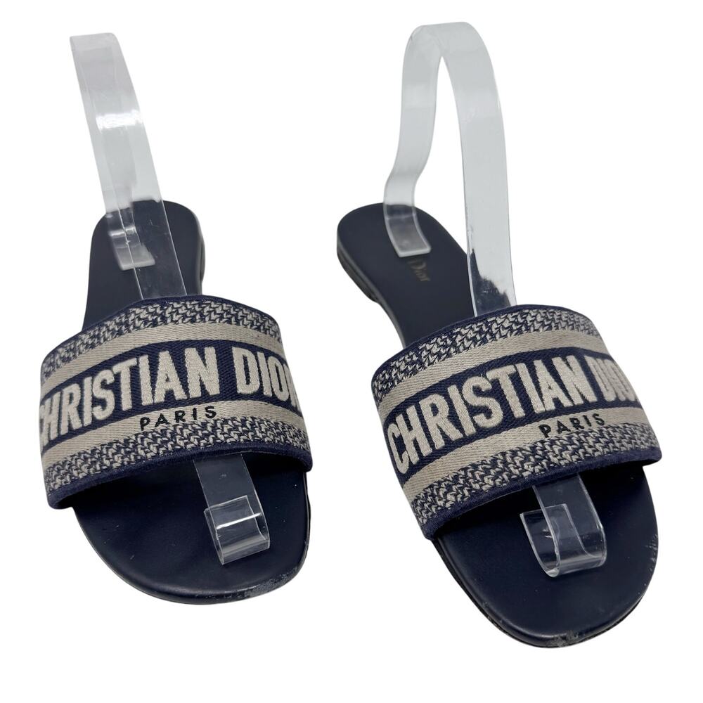 CHRISTIAN DIOR Dway Navy Blue White Slide Sandal Embroidered Logo EU 39 US 9 - Picture 2 of 12